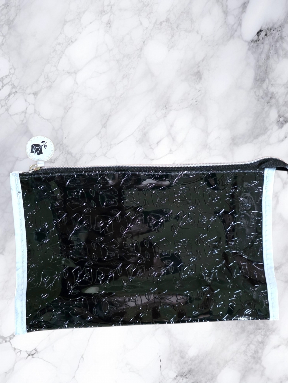 Lancome Glossy Black Rosette Pattern Cosmetic Pouch with White Trim